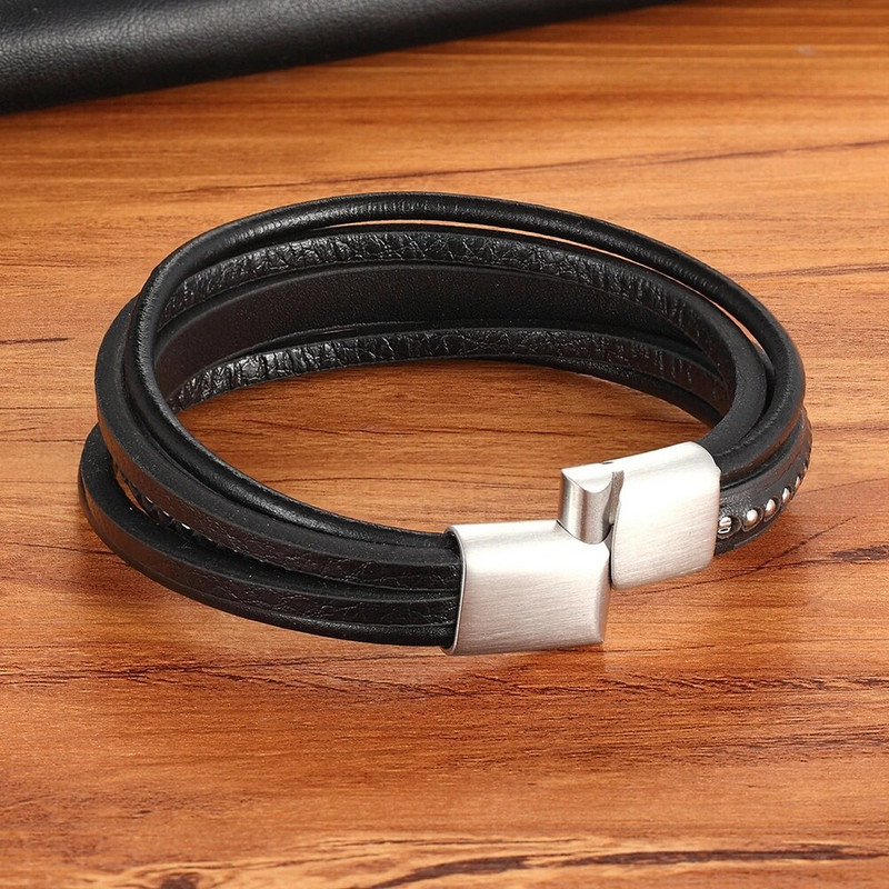 XQNI modes luksusa vīriešu rotaslietas Daudzslāņu nerūsējošā tērauda sprādze ar ādas vīriešu rokassprādzi un rokassprādzi īpašai dzimšanas dienas dāvanai