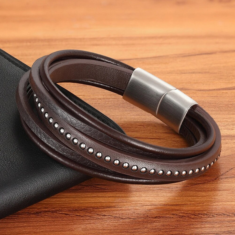 XQNI modes luksusa vīriešu rotaslietas Daudzslāņu nerūsējošā tērauda sprādze ar ādas vīriešu rokassprādzi un rokassprādzi īpašai dzimšanas dienas dāvanai