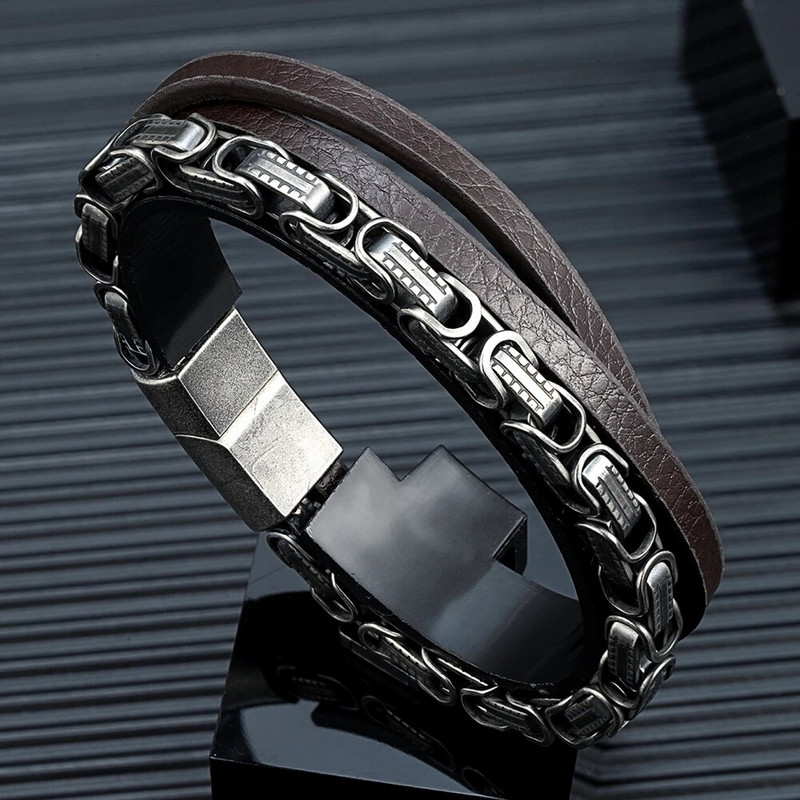 MKENDN Locomotive Meeste Punk Rock Kuuba Link Keti Käevõru Roostevabast Terasest Isased Vintage oksüdeeritud mustad Kvaliteetsed Nahast Ehted