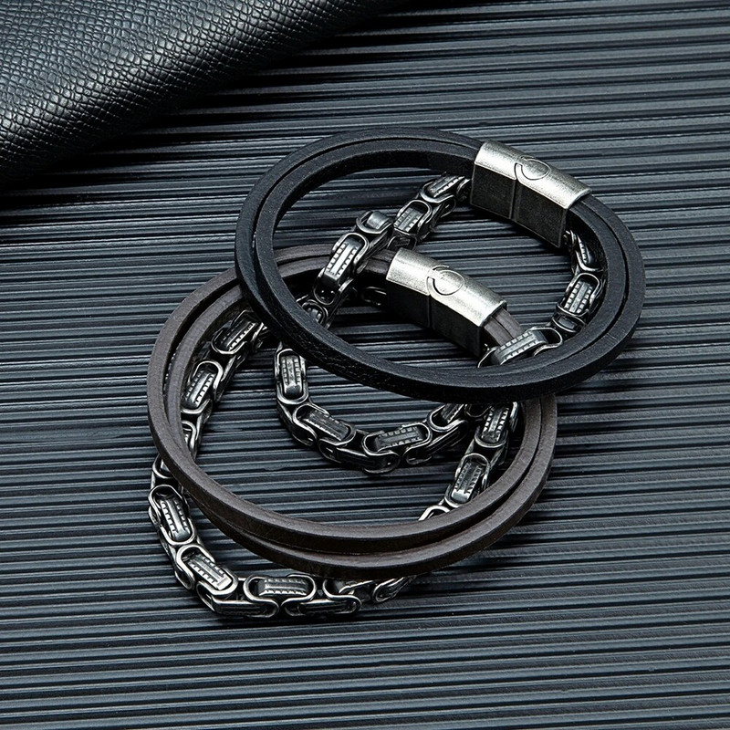 MKENDN Locomotive Meeste Punk Rock Kuuba Link Keti Käevõru Roostevabast Terasest Isased Vintage oksüdeeritud mustad Kvaliteetsed Nahast Ehted
