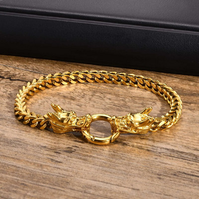 Vnox Rock Punk nerūsējošā tērauda kvadrātveida Franco ķēdes apmales ķēdes rokassprādzes vīriešiem ar dubultu pūķa galvu aksesuāru