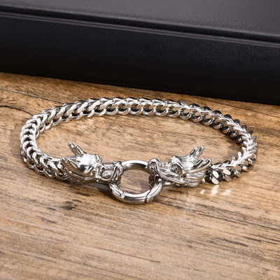 Vnox Rock Punk nerūsējošā tērauda kvadrātveida Franco ķēdes apmales ķēdes rokassprādzes vīriešiem ar dubultu pūķa galvu aksesuāru