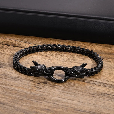 Vnox Rock Punk nerūsējošā tērauda kvadrātveida Franco ķēdes apmales ķēdes rokassprādzes vīriešiem ar dubultu pūķa galvu aksesuāru