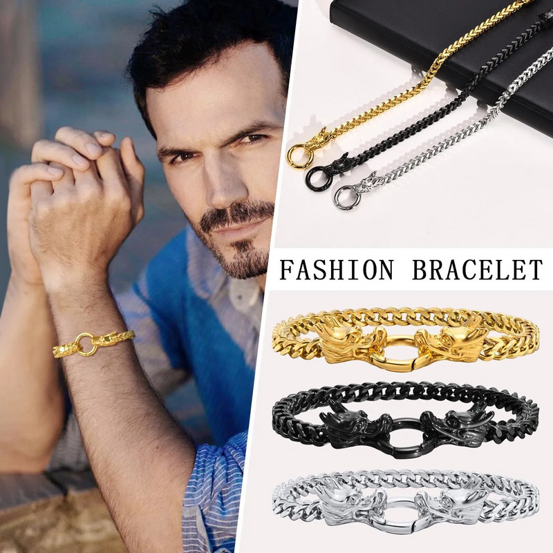 Vnox Rock Punk nerūsējošā tērauda kvadrātveida Franco ķēdes apmales ķēdes rokassprādzes vīriešiem ar dubultu pūķa galvu aksesuāru