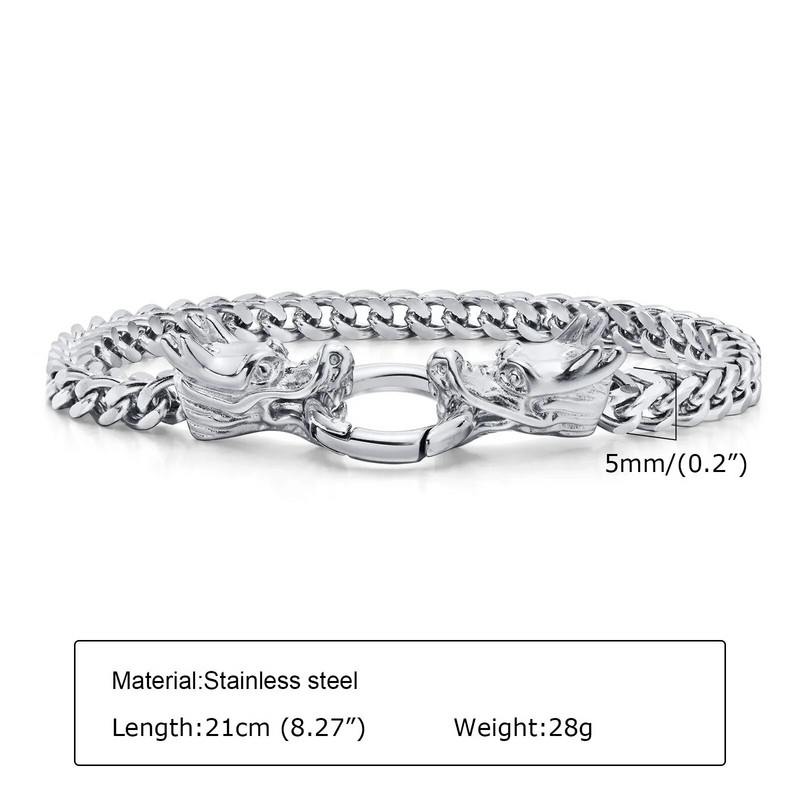 Vnox Rock Punk nerūsējošā tērauda kvadrātveida Franco ķēdes apmales ķēdes rokassprādzes vīriešiem ar dubultu pūķa galvu aksesuāru
