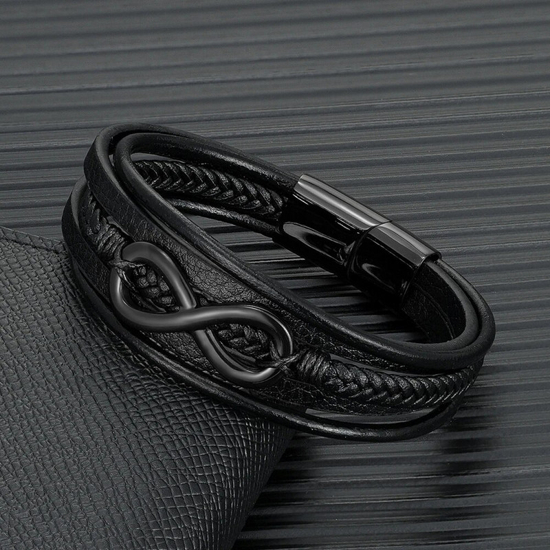 MKENDN vienkārša stila daudzkrāsu bezgalības rokassprādze nerūsējošā tērauda vīriešu daudzslāņu ādas ar rokām austas rotaslietas draudzības dāvanas