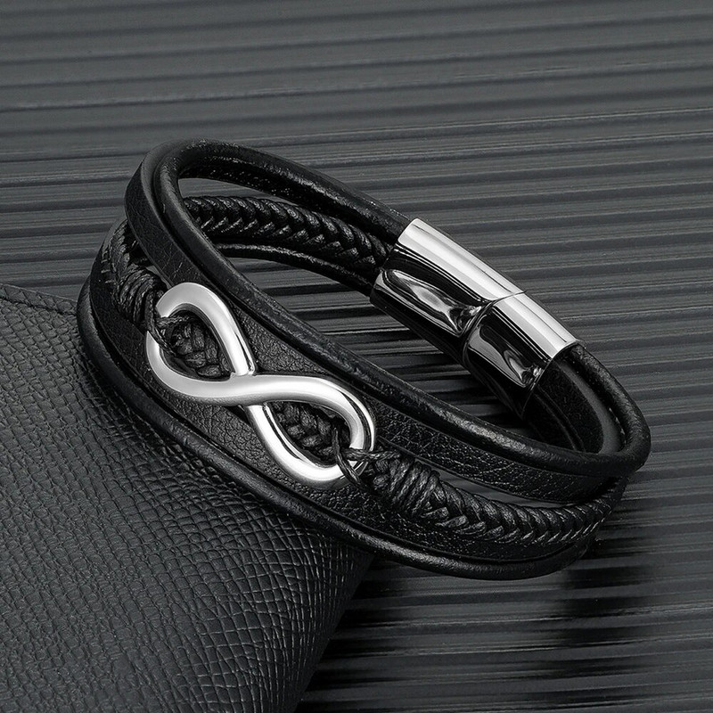 MKENDN vienkārša stila daudzkrāsu bezgalības rokassprādze nerūsējošā tērauda vīriešu daudzslāņu ādas ar rokām austas rotaslietas draudzības dāvanas