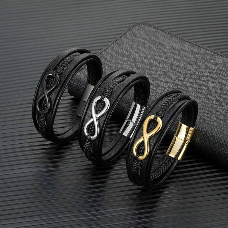 MKENDN vienkārša stila daudzkrāsu bezgalības rokassprādze nerūsējošā tērauda vīriešu daudzslāņu ādas ar rokām austas rotaslietas draudzības dāvanas