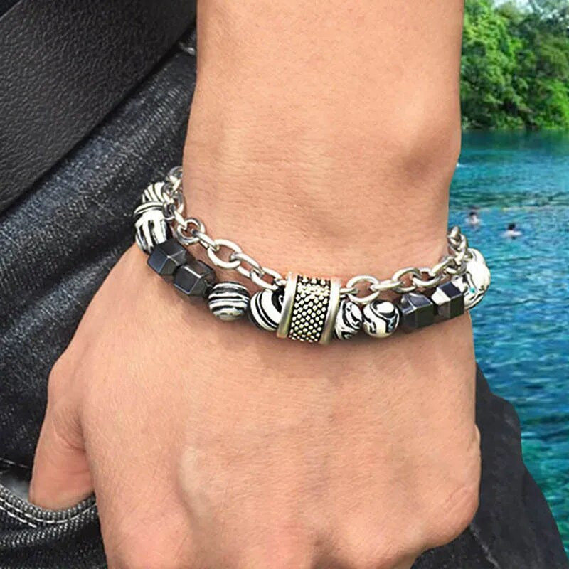 Vīriešu tīģera acs akmens krelles rokassprādze nerūsējošā tērauda ķēde Gunmetāla joga malahīta krelles rokassprādze vīriešu rotaslietas dropshipping