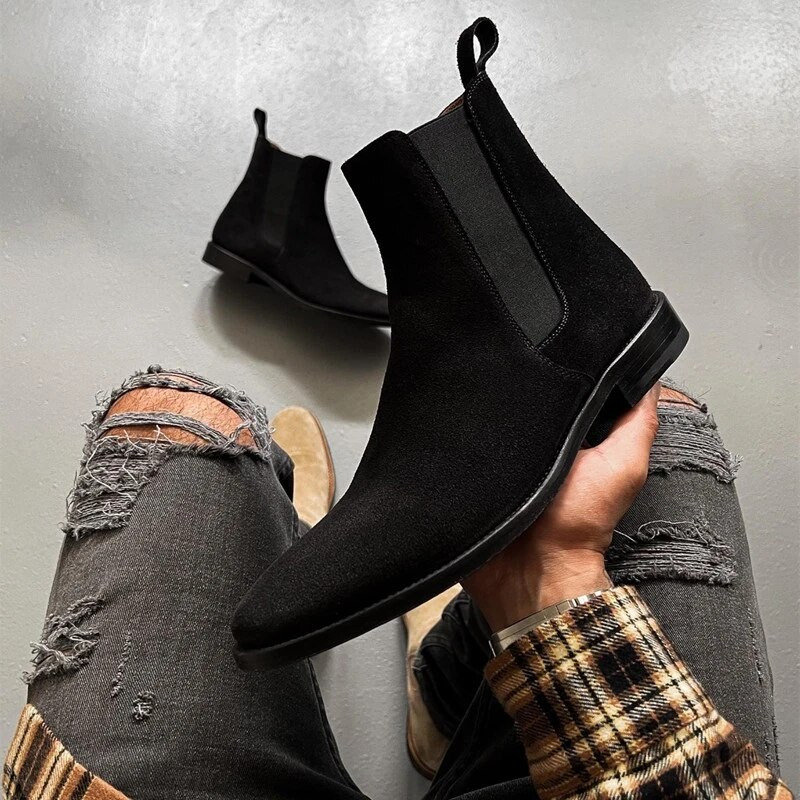 Κόκκινες μπότες Chelsea Ανδρικές μπότες Flock Slip-On Square Toe Μαύρες Business Ανδρικές κοντές μπότες Μέγεθος 38-48 Δωρεάν αποστολή Ανδρικές μπότες