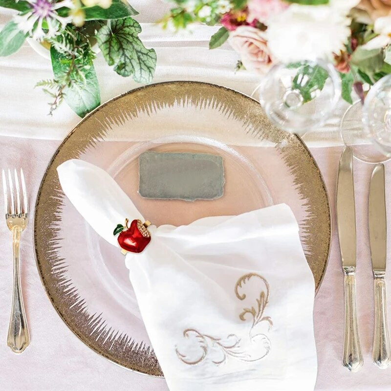 Promóció! 6db almás szalvéta gyűrűk, fémbevonatú Apple vintage szalvéta gyűrű csattartó étkezőasztal dekorációhoz