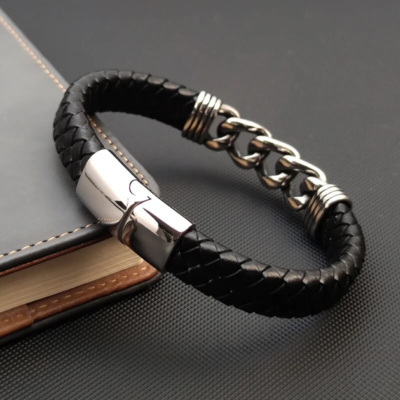 MingAo Πολυτελής αλυσίδα δερμάτινη πλεξούδα ανδρικό βραχιόλι με πόρπη από ανοξείδωτο ατσάλι Επαγγελματικά ανδρικά βραχιόλια για δώρο φίλων συνεργατών