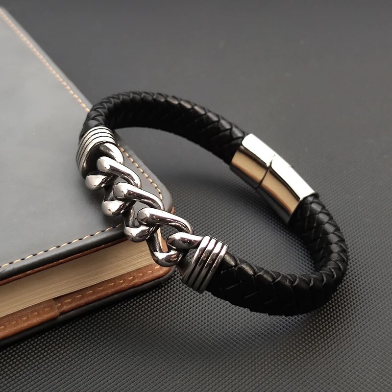 MingAo Πολυτελής αλυσίδα δερμάτινη πλεξούδα ανδρικό βραχιόλι με πόρπη από ανοξείδωτο ατσάλι Επαγγελματικά ανδρικά βραχιόλια για δώρο φίλων συνεργατών