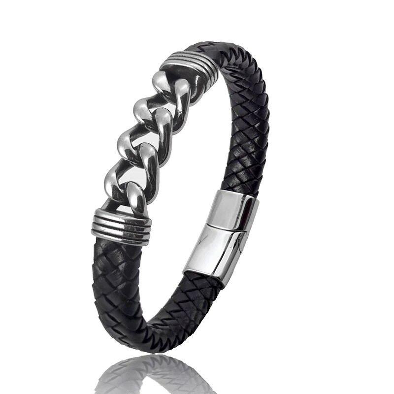 MingAo Πολυτελής αλυσίδα δερμάτινη πλεξούδα ανδρικό βραχιόλι με πόρπη από ανοξείδωτο ατσάλι Επαγγελματικά ανδρικά βραχιόλια για δώρο φίλων συνεργατών