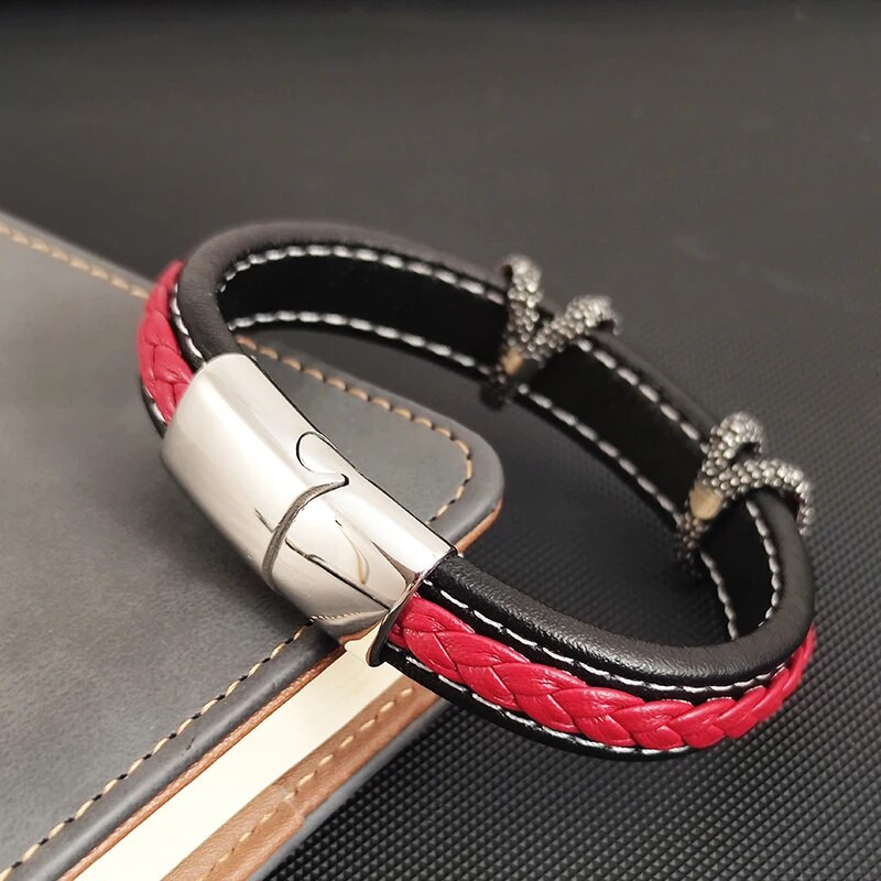 Modes ērgļa naga sarkana ar rokām austa ādas rokassprādze nerūsējošā tērauda sprādzes daudzslāņu aproču saites rokassprādze vīriešu pankroka rotaslietas