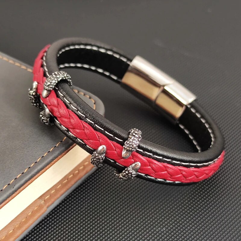 Modes ērgļa naga sarkana ar rokām austa ādas rokassprādze nerūsējošā tērauda sprādzes daudzslāņu aproču saites rokassprādze vīriešu pankroka rotaslietas