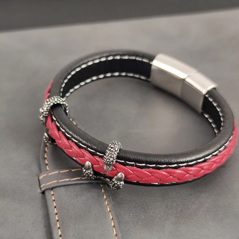 Modes ērgļa naga sarkana ar rokām austa ādas rokassprādze nerūsējošā tērauda sprādzes daudzslāņu aproču saites rokassprādze vīriešu pankroka rotaslietas