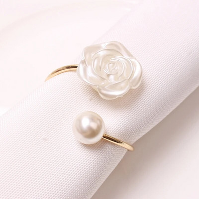 1Pcs Alloy Pearl Rose Flower Napkin Holder Floral Rhinestone Napkins Rings for Wedding Mother`s Day Party Dinner Table Decor