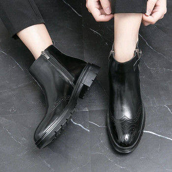 Με διπλό φερμουάρ Casual Leather Luxury Brogue Mens Designer Business Brand Επίσημα παπούτσια Chelsea φόρεμα για ανδρικά μποτάκια