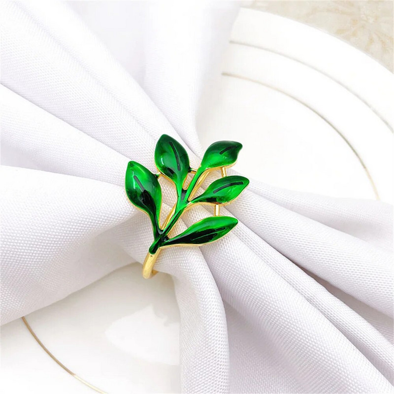 6 τμχ Πράσινα φύλλα δαχτυλίδια χαρτοπετσέτας Μεταλλική χρυσή θήκη για χαρτοπετσέτα Επιτραπέζια δαχτυλίδια για τραπεζαρία Χριστουγεννιάτικο πάρτι γάμου ERL02