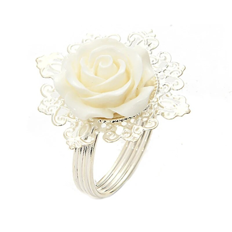 10 gabali Rožu sudraba salvešu gredzeni, turētājs stīpas, romantiskas ravēšanas ballītes galda ziedu dekors