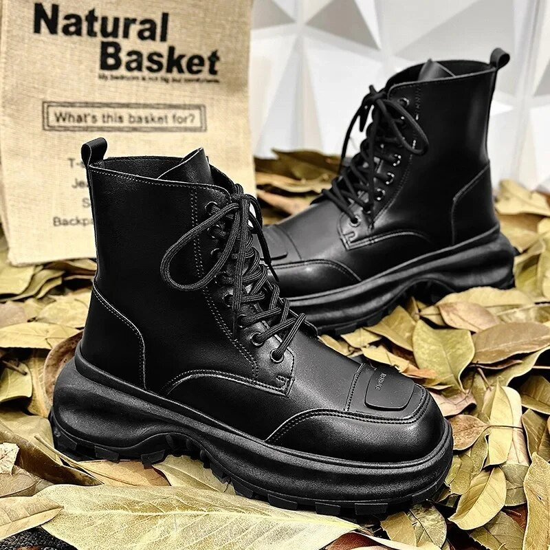 Ανδρικές κοντές μπότες με χοντρή σόλα 2023 φθινόπωρο και χειμώνα Νέες δερμάτινες μπότες βρετανικού στυλ Μπότες χιονιού για ανδρικές μπότες μάχης Zapatos