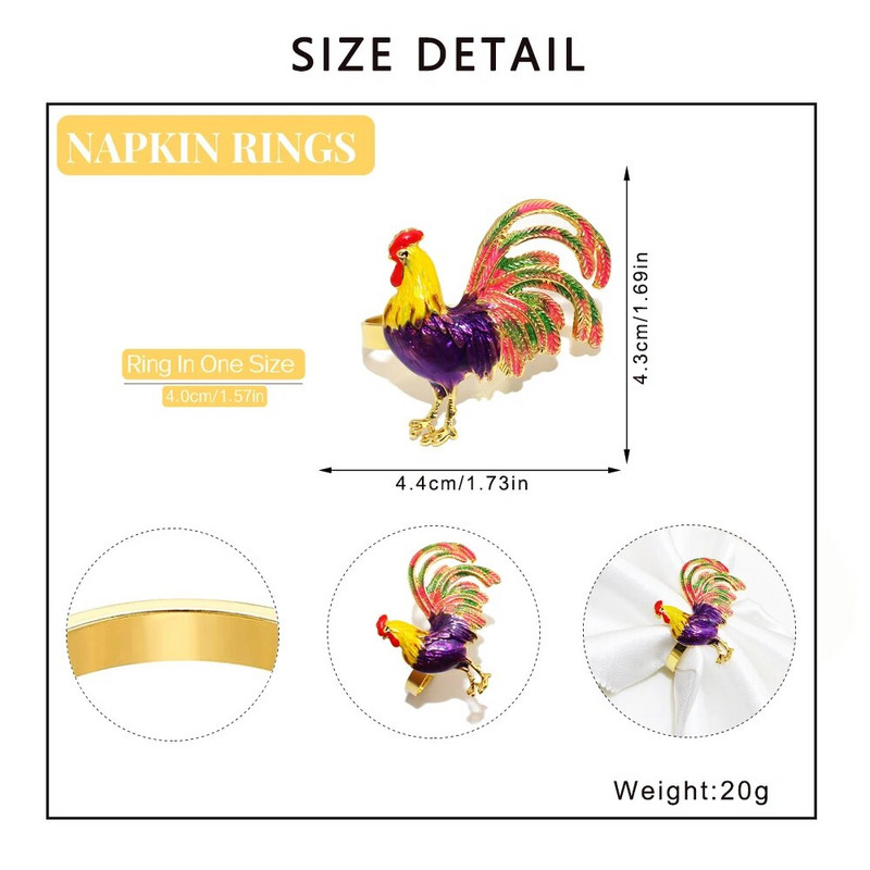 6 τμχ Trendy Big Rooster Δαχτυλίδι χαρτοπετσέτας Πολύχρωμη θήκη χαρτοπετσέτας από σμάλτο για ζώα για διακόσμηση δεξίωσης γάμου Γαλλικό κοσμηματοπώλη HWE108