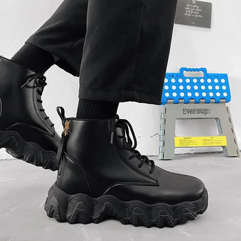 Ανδρικές μπότες με χοντρή σόλα Ανδρικές φθινοπωρινές και χειμερινές μαύρες δερμάτινες μπότες μάχης μοτοσικλέτας με φερμουάρ Middle Assistant παπούτσια
