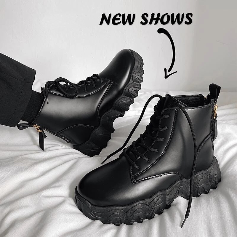 Ανδρικές μπότες με χοντρή σόλα Ανδρικές φθινοπωρινές και χειμερινές μαύρες δερμάτινες μπότες μάχης μοτοσικλέτας με φερμουάρ Middle Assistant παπούτσια
