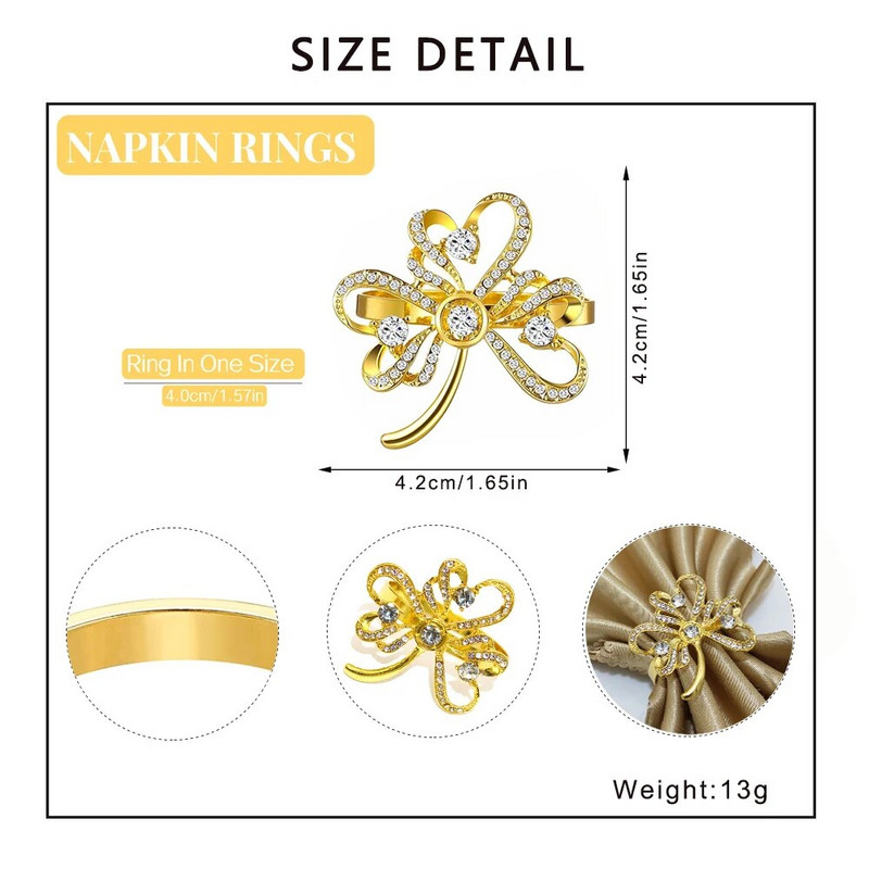 6Gb Svētā Patrika dienas salvešu turētāji Gredzeni Āboliņš Shamrock Rhinestone salvešu gredzens kāzu galda dekorēšanai HWD112