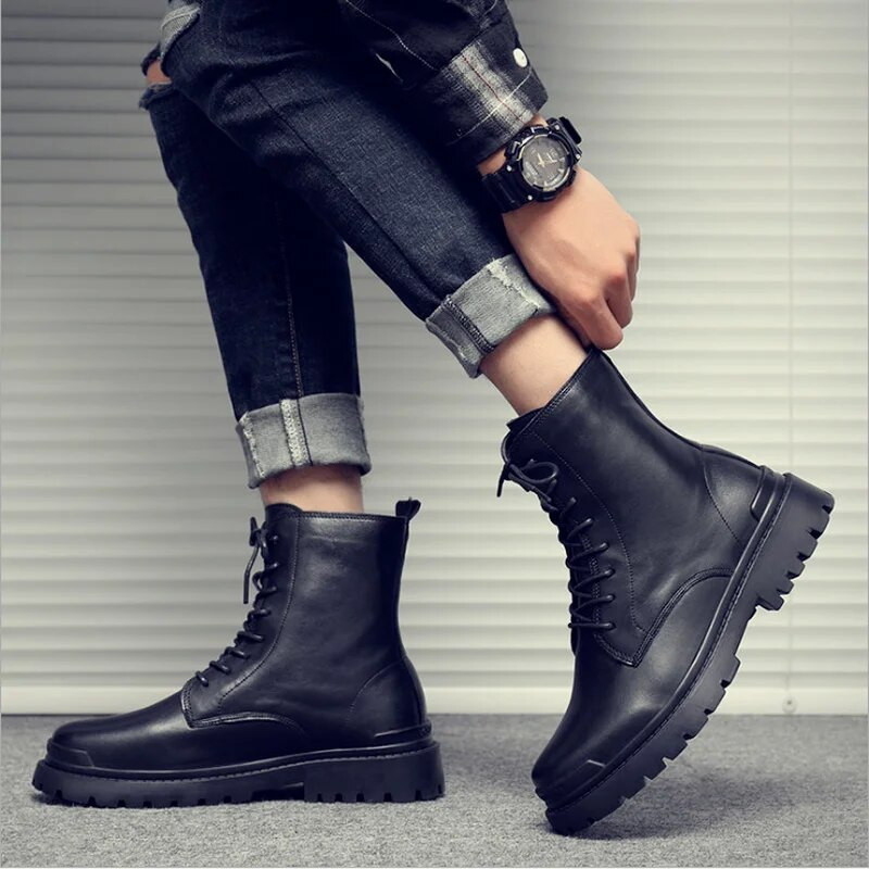 Μπότες Ανδρικά Δερμάτινα Φθινοπωρινά και Χειμώνα Plus Velvet Ανδρικά παπούτσια Βρετανικά ψηλά παπούτσια Trend Ανδρικές μπότες Μπότες εργαλείων