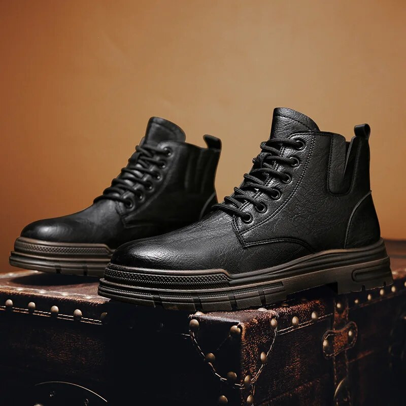 Vīriešu zābaki ar biezu zoli palielinātu zābaki vīriešu apavi jauniešu mode britu stila instrumenti zābaki Ādas apavi ar augstu augšdaļu