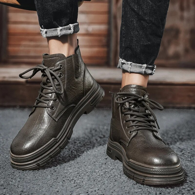 Vīriešu zābaki ar biezu zoli palielinātu zābaki vīriešu apavi jauniešu mode britu stila instrumenti zābaki Ādas apavi ar augstu augšdaļu