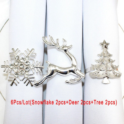 6Gb jaukta stila Ziemassvētku salvešu gredzeni Sudraba sniegpārsla Ziemassvētku salvešu turētājs svētku kāzu ballītei vakariņu galda dekors HWC171