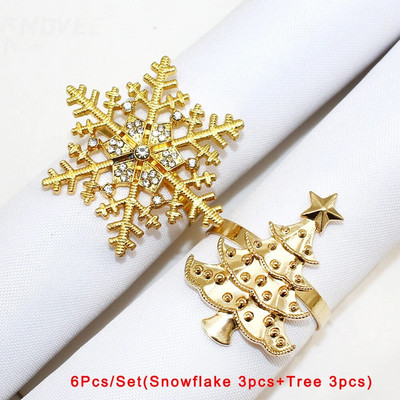 6Gb jaukta stila Ziemassvētku salvešu gredzeni Sudraba sniegpārsla Ziemassvētku salvešu turētājs svētku kāzu ballītei vakariņu galda dekors HWC171