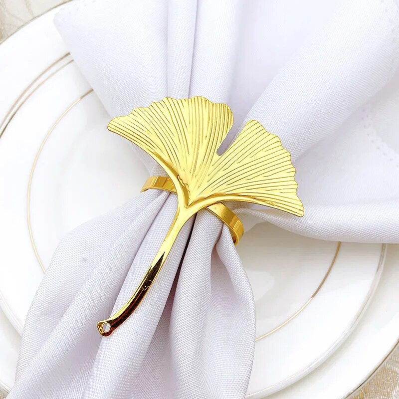 6gab./partija Ginkgo lapu salvešu gredzens metāla salvešu poga Viesnīcas auduma salvešu gredzenu galda noformējums