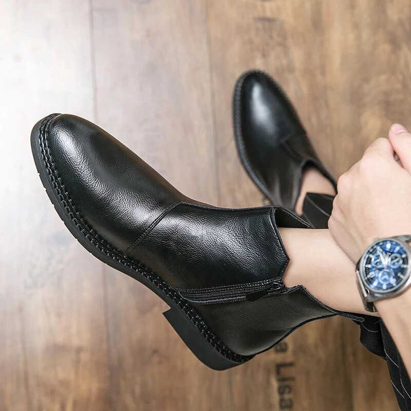 Ανδρικά χειμερινά δερμάτινα μποτάκια βρετανικού στιλ ανδρικό φόρεμα Chelsea μπότες επαγγελματικές μπότες στο πλάι Μπότες με φερμουάρ Μαύρες μπότες