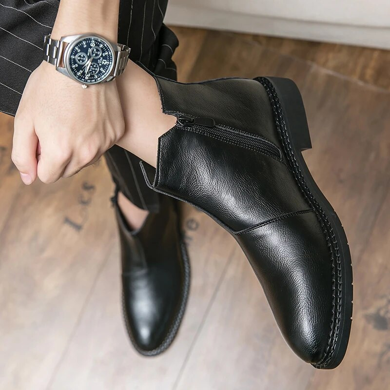 Ανδρικά χειμερινά δερμάτινα μποτάκια βρετανικού στιλ ανδρικό φόρεμα Chelsea μπότες επαγγελματικές μπότες στο πλάι Μπότες με φερμουάρ Μαύρες μπότες