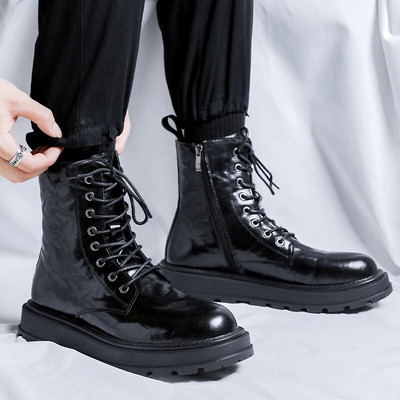 Мъжки модни мотоциклетни ботуши Противохлъзгащи се носими черни обувки от кожа Високи каубойски ботуши Красиви бизнес Botas Zapato