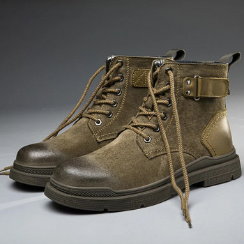 Маркови зимни ботуши с дантелена козина, висококачествени плюс кадифени обувки в каубойски стил, мъжки дебела подметка, кожа, външни военни ботуши