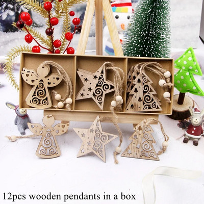 12GAB/Kaste Koka Ziemassvētku piekariņi Dobi koka/Zvaigznes/Eņģeļa piekaramie rotājumi Ziemassvētku eglīšu rotājumiem Bērnu DIY Glezniecības amatniecība