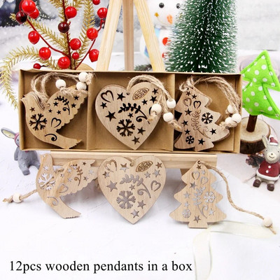 12GAB/Kaste Koka Ziemassvētku piekariņi Dobi koka/Zvaigznes/Eņģeļa piekaramie rotājumi Ziemassvētku eglīšu rotājumiem Bērnu DIY Glezniecības amatniecība