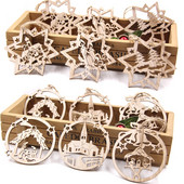 9 бр. Коледни дървени висулки Издълбана камбана/звезда/топка Висящи орнаменти Naviada Home Party Tree Decor Направи си сам картина Ноел подарък