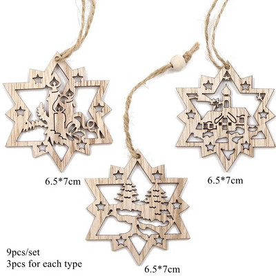 9 бр. Коледни дървени висулки Издълбана камбана/звезда/топка Висящи орнаменти Naviada Home Party Tree Decor Направи си сам картина Ноел подарък