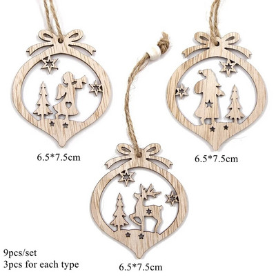 9 бр. Коледни дървени висулки Издълбана камбана/звезда/топка Висящи орнаменти Naviada Home Party Tree Decor Направи си сам картина Ноел подарък