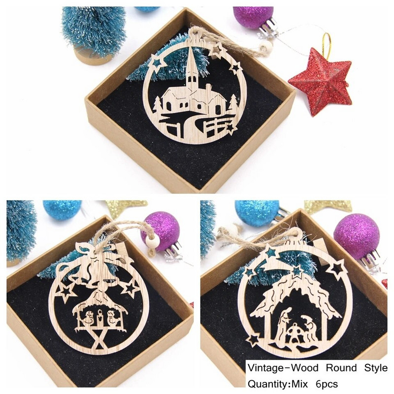 9 бр. Коледни дървени висулки Издълбана камбана/звезда/топка Висящи орнаменти Naviada Home Party Tree Decor Направи си сам картина Ноел подарък