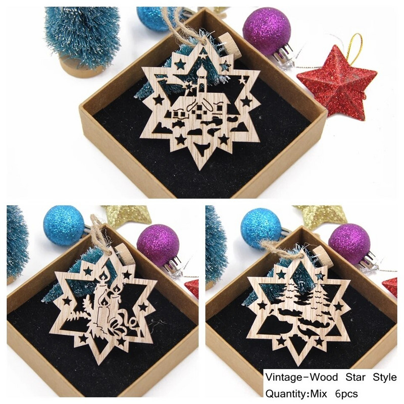 9 бр. Коледни дървени висулки Издълбана камбана/звезда/топка Висящи орнаменти Naviada Home Party Tree Decor Направи си сам картина Ноел подарък