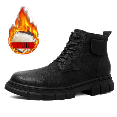 Divatos kültéri téli meleg plüss utazási tornacipők Valódi bőr Bokacsizmák Férfi Fűzős Lapos Mindennapi Cipők