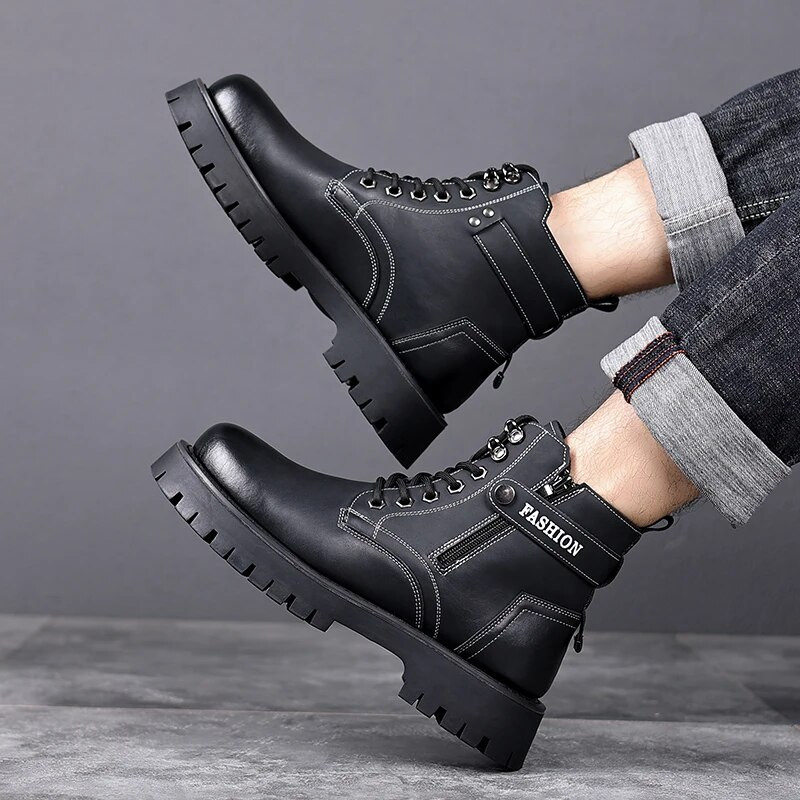 Zīmols āra biezas zoles ādas vīriešu zābaki ar kokvilnu polsterēti apavi kažokādas silti darba vīriešu zābaki vilnas āra ādas zābaki