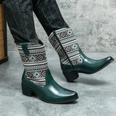 Jauni modes vīriešu ādas zābaki ar izšūtu rāvējslēdzēju līdz teļa vidum Rietumu kovboju motocikla bruņinieku zābaki jauniešiem ar smailu purngalu garie zābaki